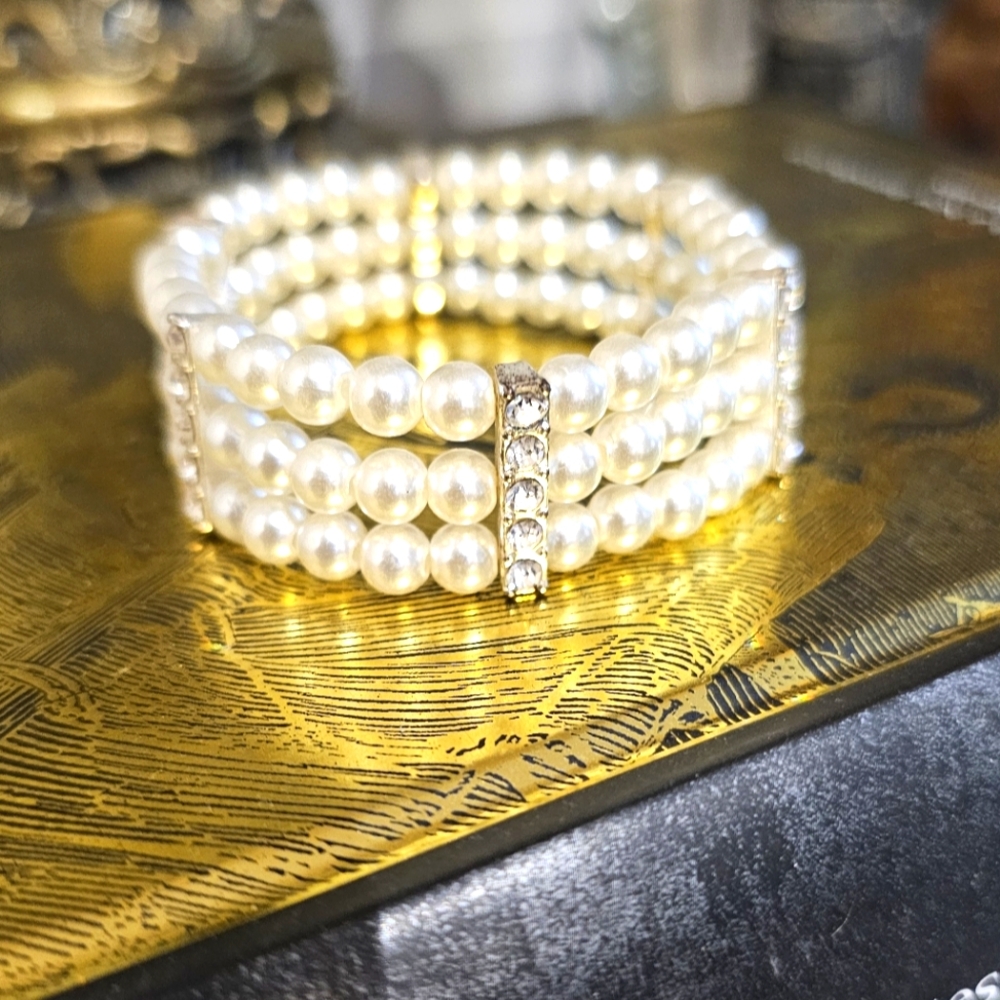 Faux Pearl Triple Strand Bracelet with Rhinestones New